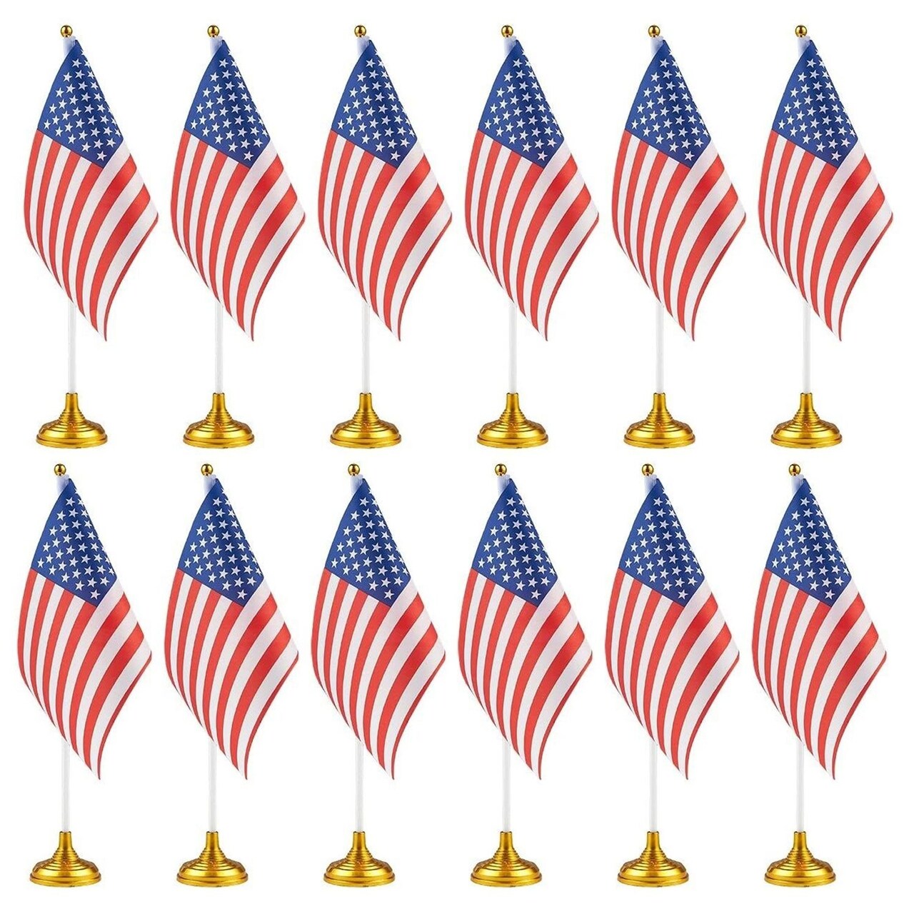 Juvale 12-Pack Mini American Flags with Stand Base for Desk, Veterans, 4th of July, Memorial Day Small Miniature USA Desktop Centerpiece for Patriotic Home Office Table Party Decorations